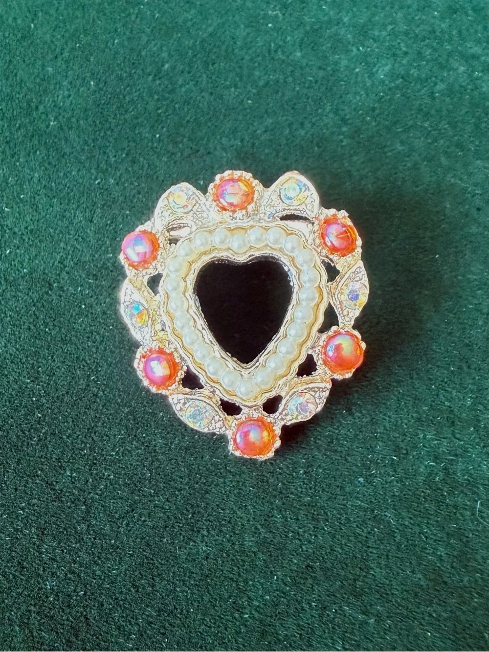 Vintage AB Orange Pink Cabochon & Crystal Rhinestones Pearls Heart Brooch Pin